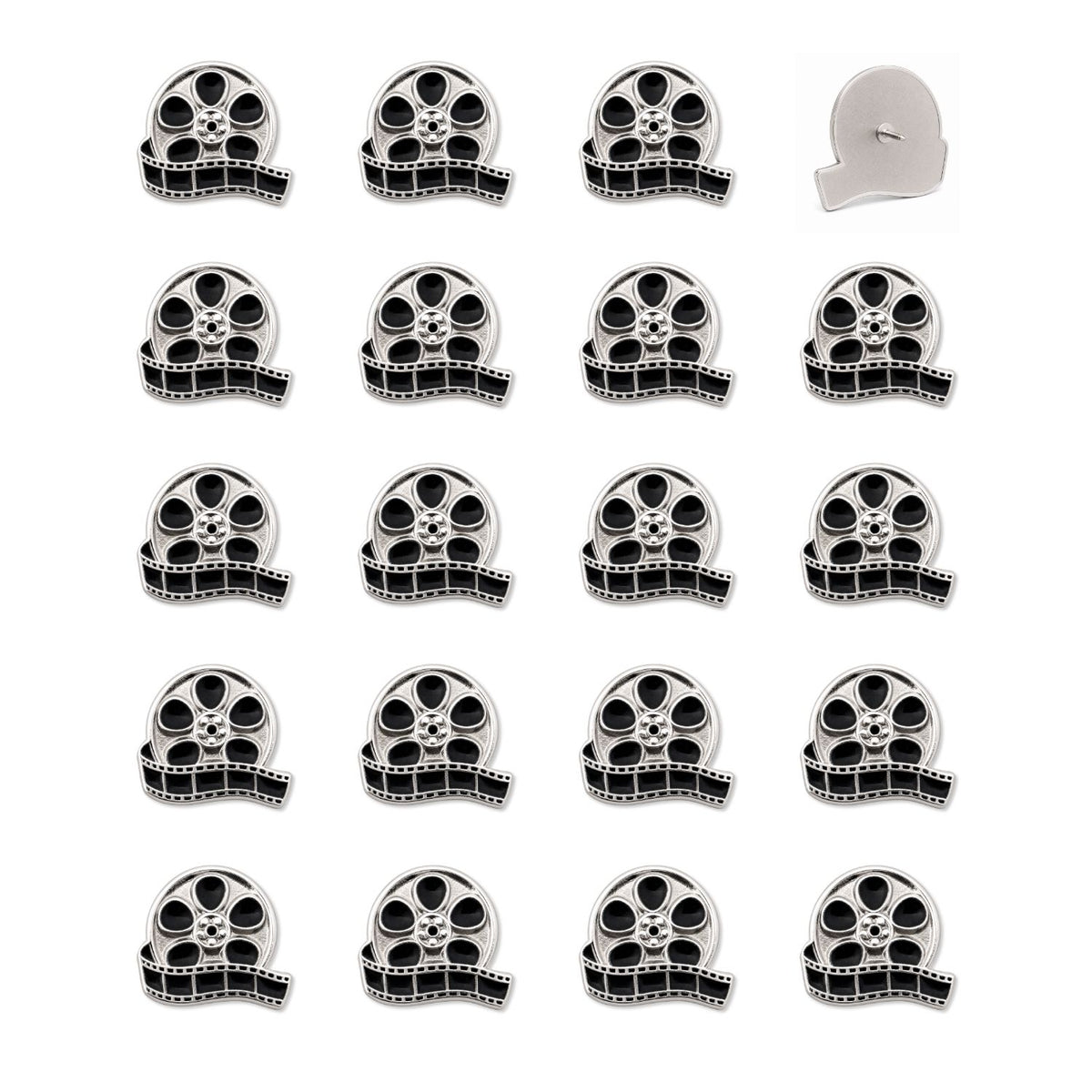 Set of 19 silver black enamel movie reel push pins with unspooling film strip detail