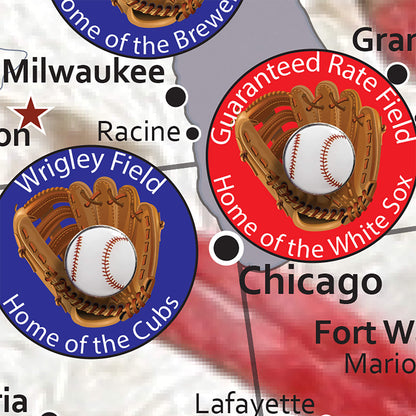 Close up of baseabll pins in baseball map