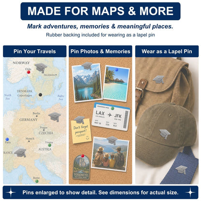 Silver graduation cap push pins used on travel map, cork board photos, and as lapel pin on hat and bag