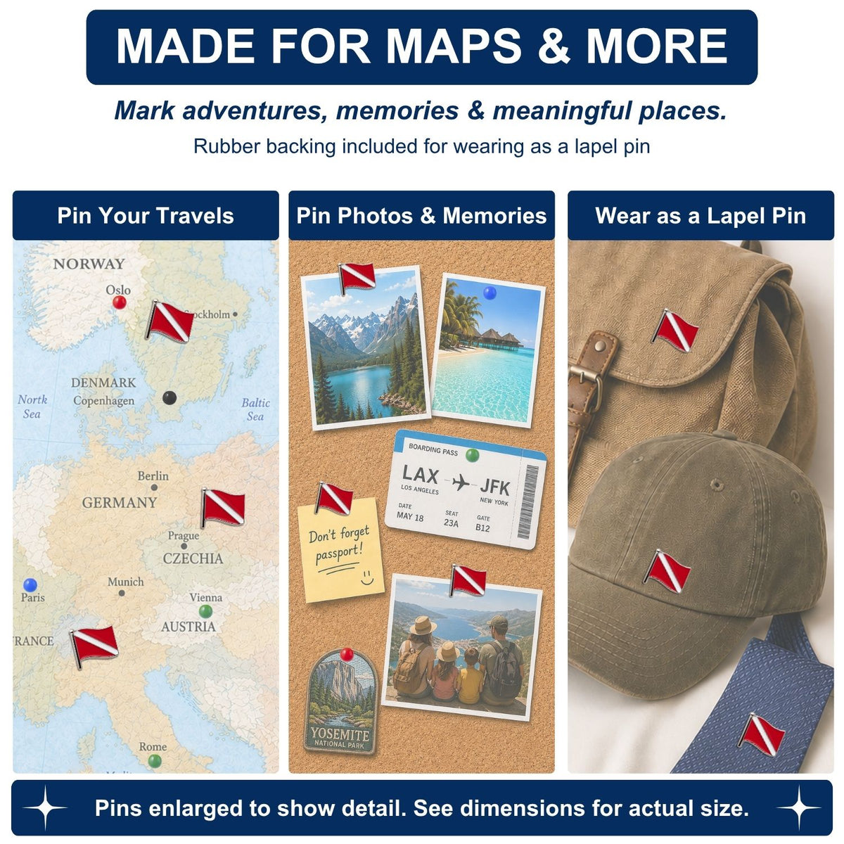 Scuba dive flag enamel push pins marking travel destinations on Europe map cork board and lapel