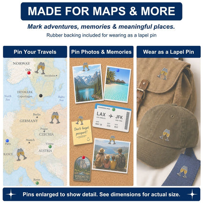 Champagne glasses enamel push pins used on Europe travel map cork board and khaki hat bag