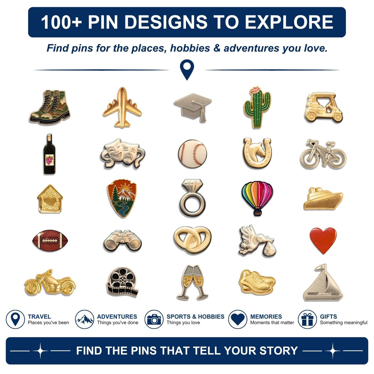 Collage of 100+ specialty lapel pin designs including travel, sports, hobbies and adventure themes