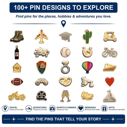 Colorful enamel lapel pin collection showcasing 100+ hobby travel and adventure designs