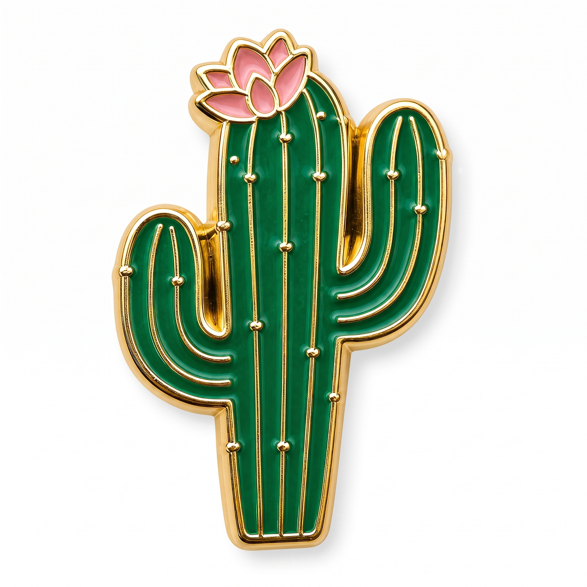 Green and gold soft enamel cactus push pin with pink blooming flower top detail